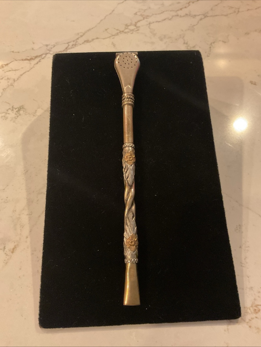 Vintage Argentina Bombilla Strain Straw w/ Alpaca & 10kt gold tip floral detail